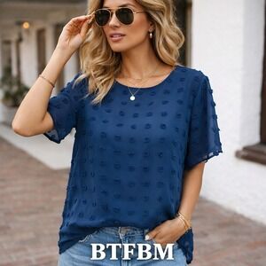 BTFBM Women Blue Textured Polka Swiss Dot Short Sleeve Top Size L Casual Chic